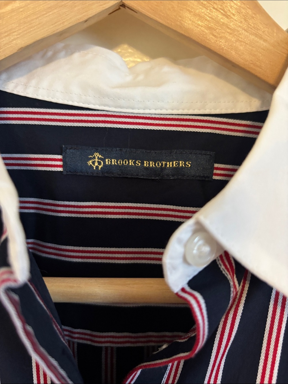 Brooks Brothers Navy and Pink Striped Dress Shirt with White Collar - Picture 2 of 3